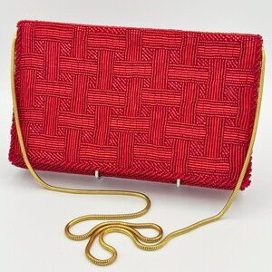 Vintage Red Beaded Clutch Purse Handmade Made in Hong Kong STUNNING
